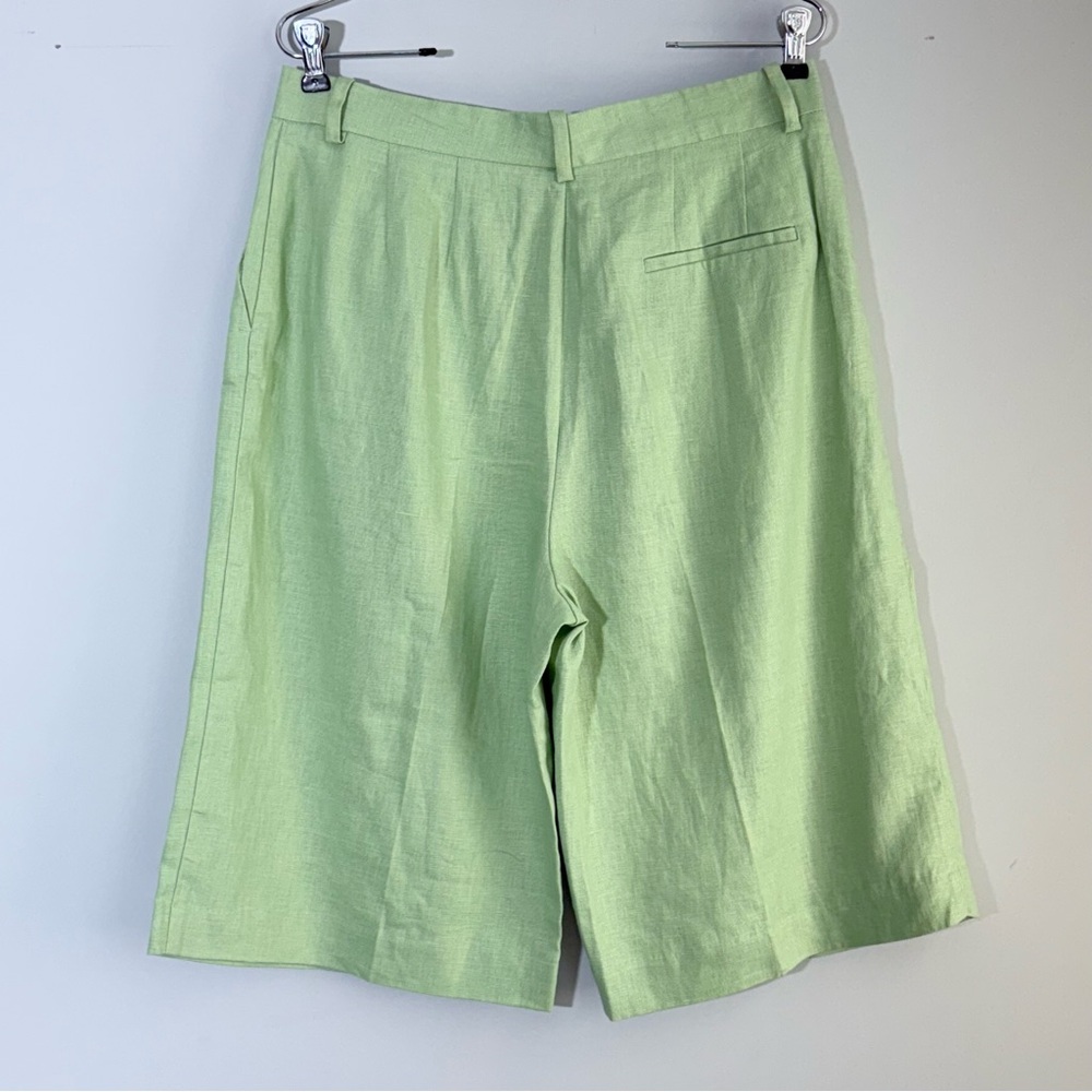 NWT Zara Linen Long Bermuda High Rise Pleated Shorts Green L Lagenlook 90s Boho - Picture 8 of 16